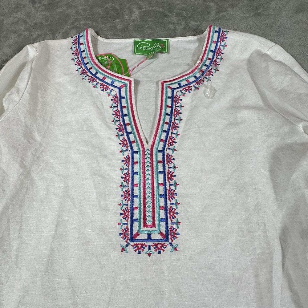 Pappagallo‎ White Embroidered Womens Tunic Top  Medium Linen 3/4 Sleeve New* - Picture 11 of 13